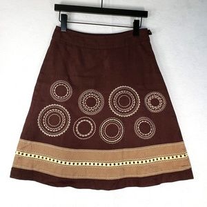 Talbots Petites Linen Skirt Size 2 Brown Embroidered A-line Boho Festival Earthy